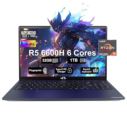 NIMO 15.6 FHD IPS Business Gaming Laptop, 6-Cores AMD Ryzen 5 6600H 660M 6 nm,32GB RAM DDR5, 1TB SSD, (Beat i5-12450H, up to 4.5GHz),100W Type-C, Fingerprint, Backlit Keyboard, WiFi 5, Win 11 - R5 32GB | 1TB - Blue