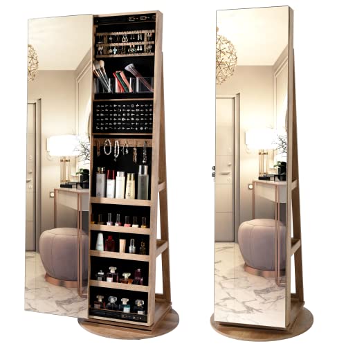 LVSOMT 360° Swivel Jewelry Cabinet with Full Length Mirror, 63" Jewelry Organizer Armoire, Lockable Mirror with Jewelry Storage, Floor Standing Mirror, Rear Storage Shelves - Natural