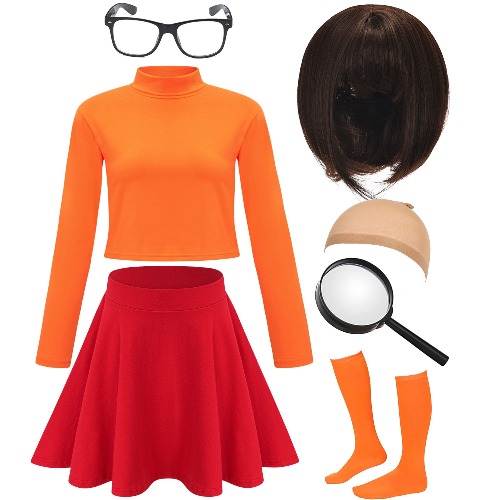 HMPRT Halloween Costume for Women,Brown Bob Wig,Turtleneck Crop Top,Skater Skirt,Magnifying Glass,Socks and Glasses - Small