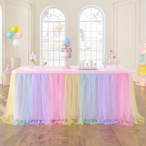 Rainbow Tulle Table Skirts L167in/14ft×H30in for 4ft/6ft/8ft Rectangle Round Oval Tables,Pastel Colorful Tutu Table Skirt Cloth for Birthday Party Dessert Table(Cover 6ft Table Front and Two Sides) - Rainbow - L167in×H30in