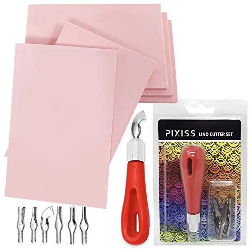 Stamp Pads for Rubber Stamps 5-Pack (6x4) and Rubber Stamp Carving Tools - Block Printing Kit by Pixiss - Rubber Block Stamp Maker Printmaking Supplies - Rubber Blocks - 6x4"