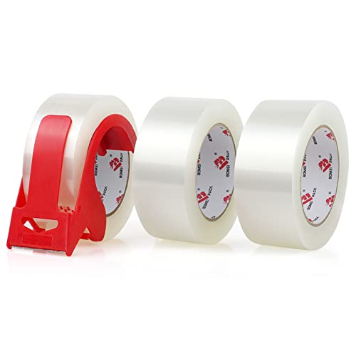 BOMEI PACK 3 Pack Heavy Duty Clear Packing Tape with Dispenser, 2.4 mil, 1.88 inch x 110 Yards, Packing Tape Refills for Industrial Shipping Box Packaging Tape for Moving, Office, & Storage