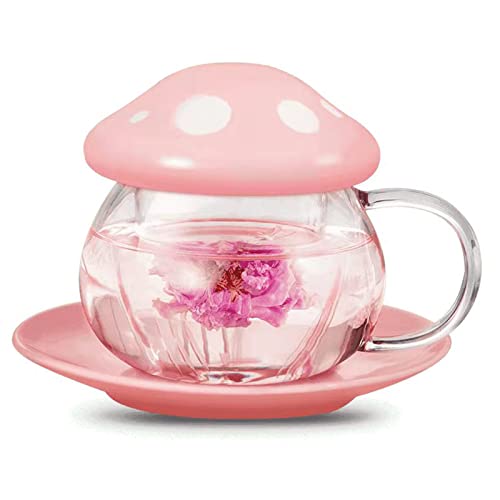 Mushroom Cup Cute Glass Tea Cup with Infuser and Lid Kawaii Mushroom Mug Set Coffee Teapot with Ceramic Coasters 11oz (Pink) - Pink