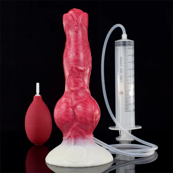 Lifelike Squirting Dildo Wolf Animal Dildo with Suction Cup, Ejaculating Silicone Dog Dildo Butt Plug Prostate Cleaning Massager Adult Sex Toys with Syringe & Bulb, 8Inches