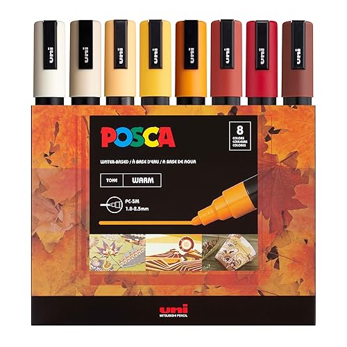 Posca Markers Set, 8 Medium Paint Markers 5M – Warm Tones – Ivory, Beige, Apricot, Ochre, Bright Yellow, Ruby Red, Dark Red, Cacao Brown - Warm Tones