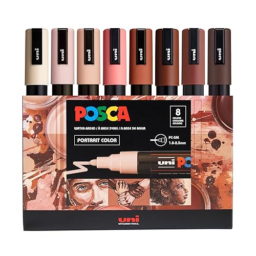 Posca Markers Set, 8 Medium Paint Markers 5M – Portrait Tones – Beige, Satin Pink, Powder Pink, Coral Pink, Chestnut, Brown, Cacao Brown, Dark Brown - Portrait