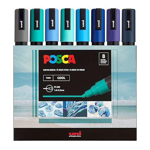 Posca Markers Set, 8 Medium Paint Markers 5M – Cool Tones – Grey, Emerald Green, Sky Blue, Aqua Green, Light Blue, Blue, Prussian Blue, Navy Blue - Cool Tones
