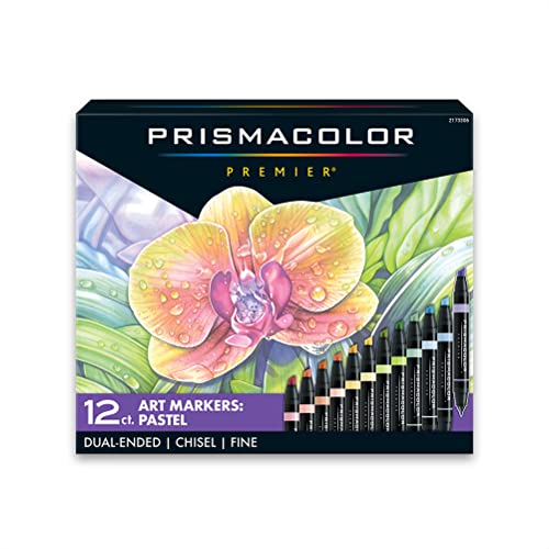 Prismacolor Premier Dual-Ended Art Markers, Chisel Tip and Fine Tip, Pastel Colors, Adult Coloring, 12 Count - Pastel