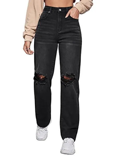 SweatyRocks Women's High Waist Ripped Jeans Distressed Raw Hem Denim Pants