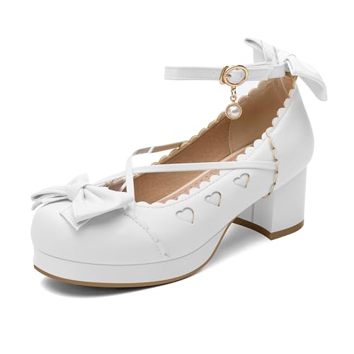 100FIXEO Women's Goth Platform Mary Jane Chunky Heels Kawaii Round Toe Ankle Strap Double Bow Cross-Tied Dress Pumps - 8.5 - White