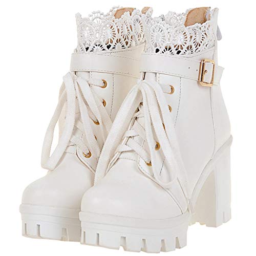 LUXMAX Ladies Block Heel Lace Up Ankle Boots Platform Chunky Cute Short Booties - 8.5 - 2white
