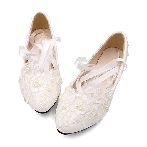 Dress First Women’s Strap Wedding Flat Bridal Closed Toe Shoes Low Heel Flats with Pearl - 8.5 - Style a