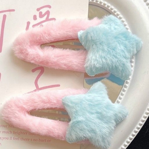 Fuzzy Star Hair Clips - Pink & Blue