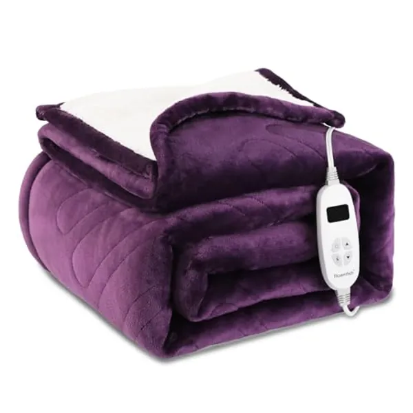 Roamfish Electric Blanket Purple Heated Throw - 62"×84" Super Soft Sherpa Heated Blanket with 10 Heating Time Settings, 1-9hrs Timer Auto Shut Off Fast Heating Over-Heated Protection
