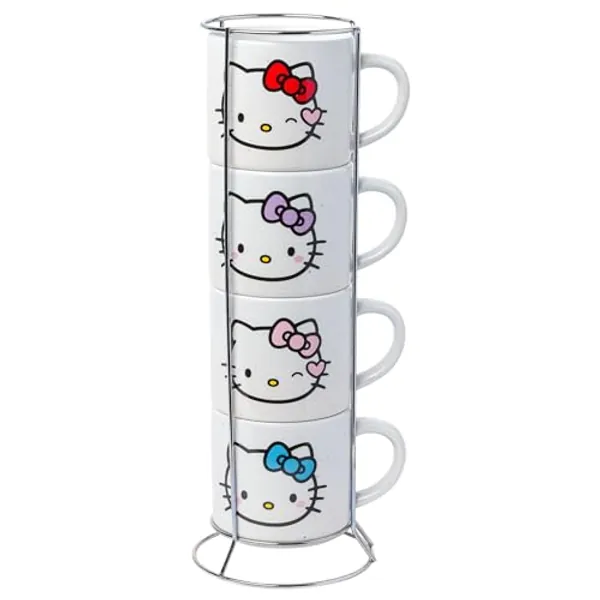Silver Buffalo Sanrio Hello Kitty Faces and Hearts 4pc Ceramic Mug Stack Set, 10 Ounces