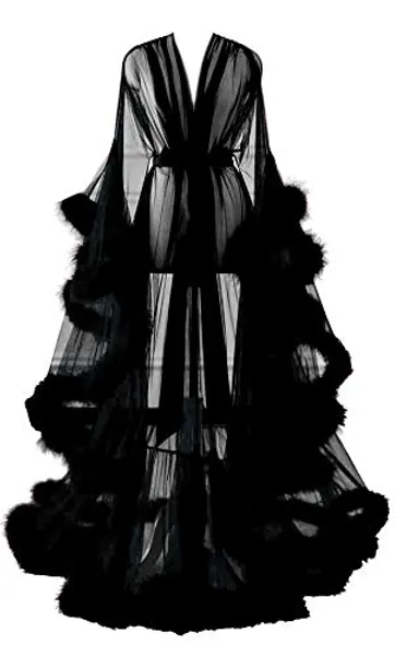 Changuan Sexy Feather Robe Long Fur Tulle Robe for Maternity Photoshoot Sheer Lingerie Bathrobe Sleepwear