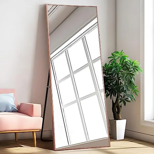 self Full Length Floor Mirror 65"×22" Metal Aluminum Alloy Frame Floor Mirror with Standing Holder Standing Hanging or Leaning Against Wall Mirror,Silver,JJ00372ZZV-USAM009-BM-3