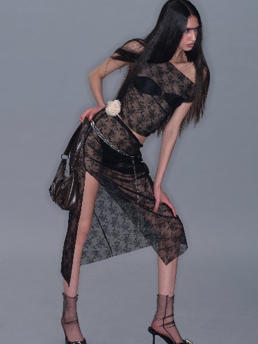 Mesh Side Slit Lace Dress | Black / M