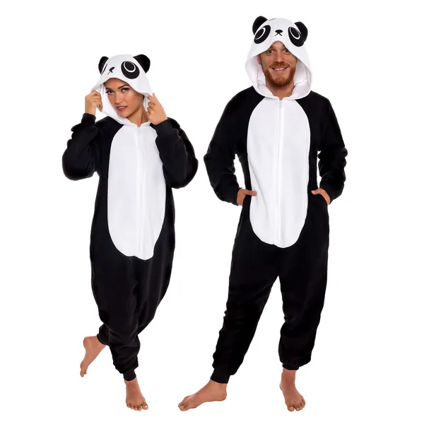 Slim Fit Adult Onesie - Animal Halloween Costume - Plush Fruit One Piece Cosplay Suit for Women and Men by FUNZIEZ! - Large Panda