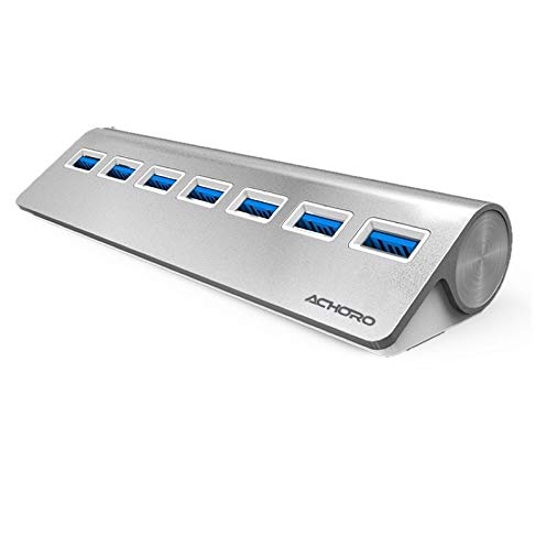Achoro 7 Ports USB 3.0 Hub - Triangle Aluminum Alloy - High-Speed USB Port Expander - Compatible with PC, iMac, MacBook, Windows, Desktop, and More – Computer Multiple USB HUB (Silver) - Silver