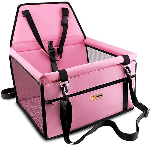 Petbobi Pet Reinforce Car Booster Seat for Dog Cat Portable and Breathable Bag with Seat Belt Dog Carrier Safety Stable for Travel Look Out,with Clip on Leash with PVC Tube, Pink - Pink