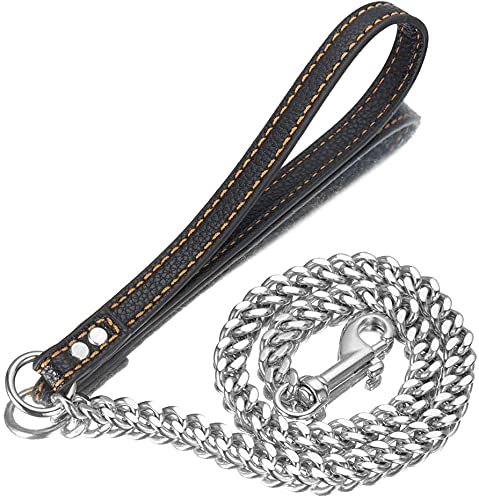 Aiyidi Strong Gold/Silver Dog Chain Leash 3FT 4FT 5FT Stainless Steel 12mm Curb Cuban Link Dog Leash Training Walking with Comfortable Genuine Leather Handle for Large, Medium Small Dogs (Silver, 4FT) - Silver - 4FT (48inch)