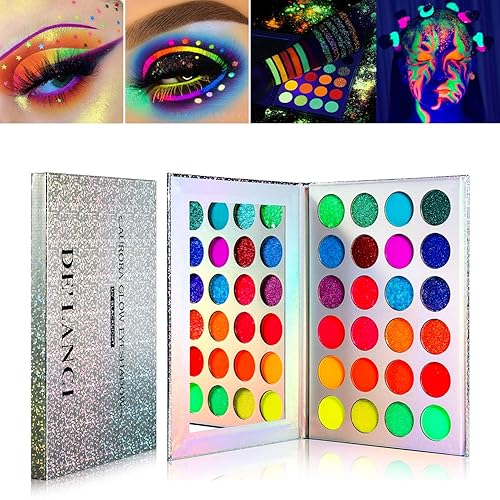 DE'LANCI Neon Eyeshadow Palette Glow in the Dark, Aurora Glow Eyeshadow Pallets Stage, Halloween Christmas Makeup Kit UV Blacklight Matte and Glitter Fluorescent Eye Shadows Highly Pigment - Blacklight eyeshadow