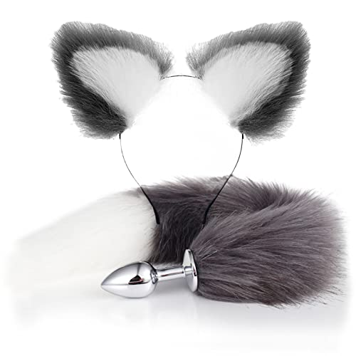Anal Plug Butt Plug, 2Pcs/Set Sex Fox Tail Anales Plug Toys Butt Plugs with Cat Ears Headband Anal Sex Toys for Women Man Beginners Adult Couples Bondage, Grey - Gray