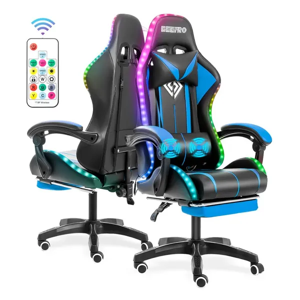Gaming LED Massage Chair with Footrest - Blue