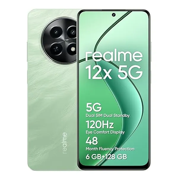 realme 12x 5G Smartphone 6+128 GB, Fotocamera con AI da 50 MP, Dual Standby 5G, Protezione della fluidità per 48 mesi, Display da 120 Hz, NFC a 360°, Batteria da 5.000 mAh, Feather Green(no adapter) - 6+128 GB - realme 12X 5G - Verde (Green)