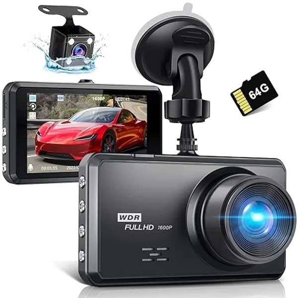 Miden S7 2.5K Doppia Dashcam,Scheda SD 64G,1600P+1080P FHD Telecamera per Auto,Dash Cam Auto IPS 3.2" con Grandangolo di 336°,G-Sensor,Visione Notturna,WDR,Monitor di Parcheggio,Registrazione in Loop