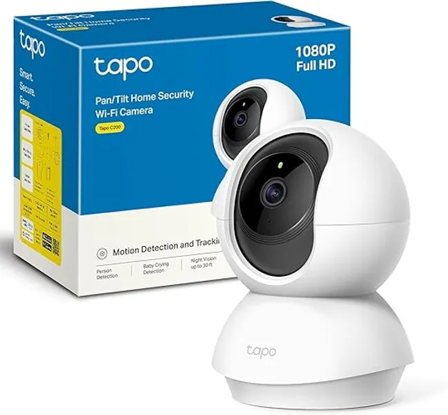 Tapo C200 Telecamera Wi-Fi Interno FHD, Videocamera sorveglianza, Visione Notturna, 360° Visuale, Audio Bidirezionale, Rilevamento di movimento e notifiche, Allarme acustico e luminoso integrato - 2MP FHD
