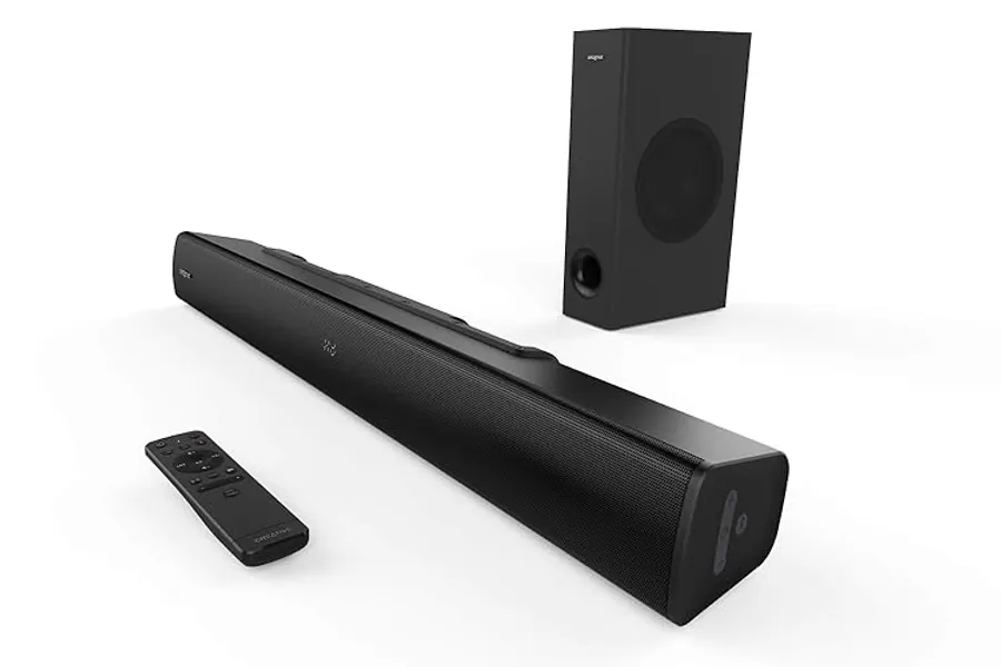 Soundbar Creative Stage V2 2.1 160W con subwoofer, Clear Dialog e Surround di Sound Blaster, Bluetooth 5.0, TV ARC, ingresso ottico e audio USB, con montaggio a parete, bassi e alti regolabili, per TV - Single