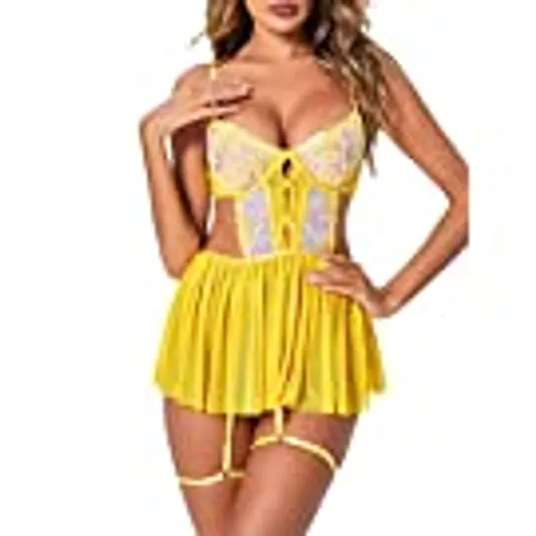 WDIRARA Women's Floral Embroidery Mesh Split Cut Out Babydoll Lingerie Slip Dress