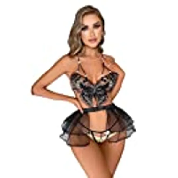WDIRARA Women's Floral Embroidery Mesh Split Cut Out Babydoll Lingerie Slip Dress