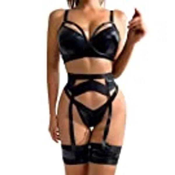 Kaei&Shi Garter Lingerie For Women,Sexy Lace Lingerie,Sheer Matching 4 Piece Lingerie Set