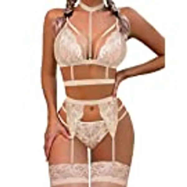 Avidlove Lace Garter Lingerie Set with Removable Choker Teddy Babydoll Strappy Bra and Panty Set (No Stockings)