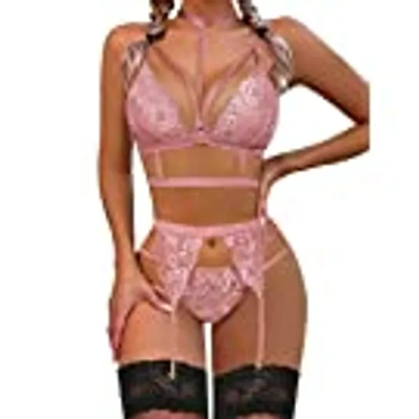 Avidlove Lace Garter Lingerie Set with Removable Choker Teddy Babydoll Strappy Bra and Panty Set (No Stockings)