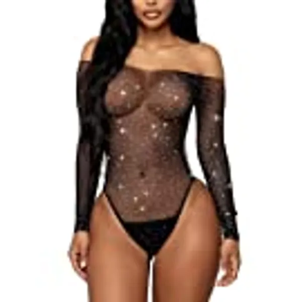 RSLOVE Women Lingerie Fishnet Bodysuit Sparkle Rhinestone Sexy Mesh Teddy Lingerie