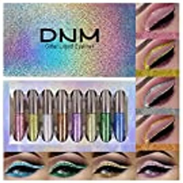 8 Colors Liquid Glitter Eyeliner Sets delineadores de colores para ojos DNM Silver Gold Blue Green Metallic Sparkly Colorful Glitter Gel Liquid Eyeliner Pen Pack Glitter Liquid Liner Glitters for Eyes