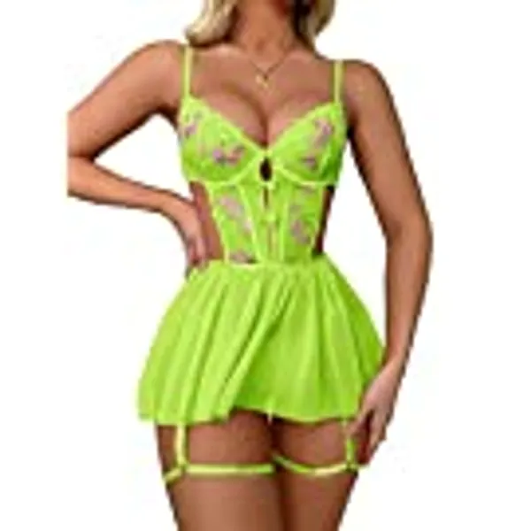 WDIRARA Women's Floral Embroidery Mesh Split Cut Out Babydoll Lingerie Slip Dress