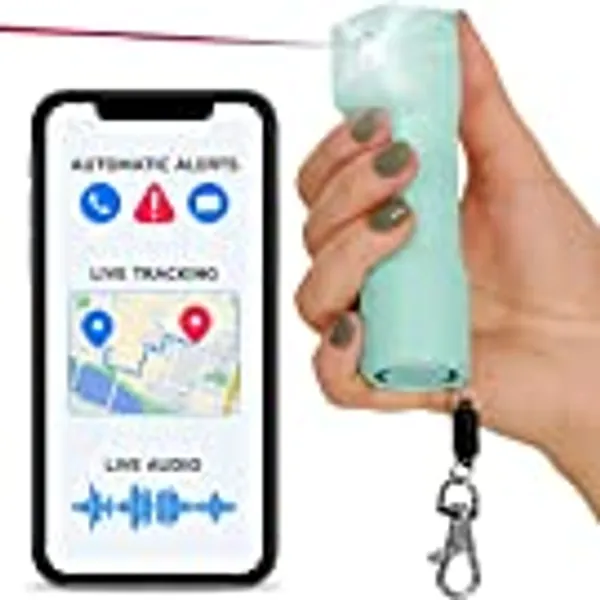Plegium Smart Pepper Spray 5-in-1 Free GPS Location Emergency Texts Live Tracking — Self Defense Keychain Pepper Spray for Women and Men, Bluetooth, Piercing Siren, LED Strobe Light, Green