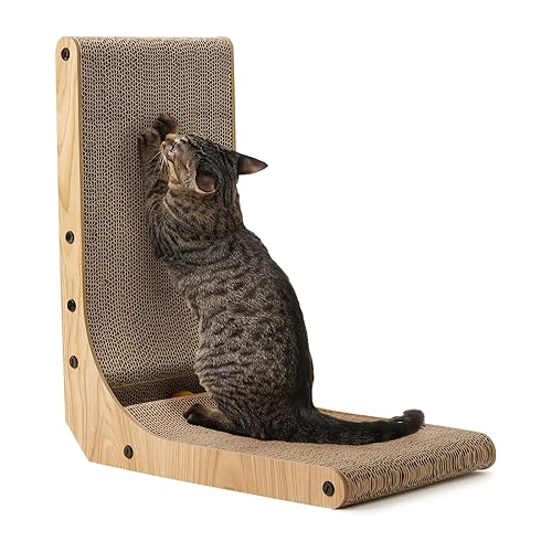 FUKUMARU Cat Scratcher, 18.7 Inch L Shape Cat Scratch Pad Wall Mounted, Cat Scratching Cardboard with Ball Toy for Indoor Cats - Medium
