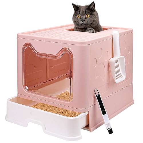 Foldable Cat Litter Box with Lid, Enclosed Cat Potty, Top Entry Anti-Splashing Cat Toilet, Easy to Clean Including Cat Litter Scoop and 2-1 Cleaning Brush (Pink) Large - Pink - Large