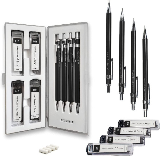 MozArt Black Mechanical Pencil Set with Case - 4 Sizes: 0.3, 0.5, 0.7 & 0.9mm with 30 HB Lead Refills Each & 4 Eraser Refills - Drawing, Sketching Mechanical Pencils, Metal Mechanical Pencil