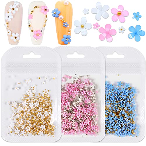 3D Flower Nail Charms, 3Bags 3D Acrylic Flower Nail Rhinestone with Sliver Gold Caviar Beads Pink White Blue Spring Nail Art Design Manicure DIY Nail Decoration for Women Girls - Cherry Blossom