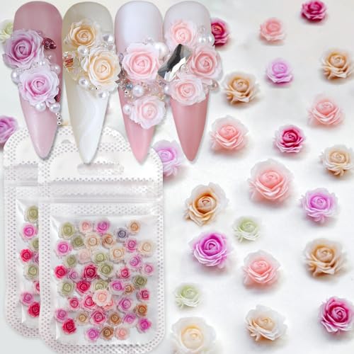 Flower Nail Charms, 100PCS 3D Flower Nail Art Gradient Red Pink Purple Green Resin Acrylic Rose Spring Nail Art Design Manicure DIY Nail Decoration for Women Girls - Rose