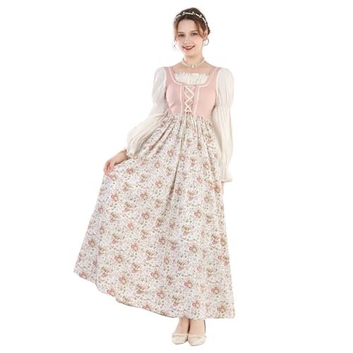 CR ROLECOS Womens Regency Dress Jane Austen Vintage Dress Long Sleeve Tea Gown - Medium - Pink