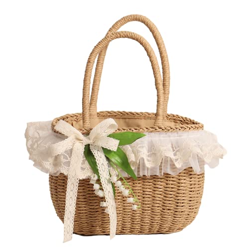 GK-O Mori Girls Handmade Straw Bag Handbag Basket Woven Bag Sweet Knit Lolita Lace Bag Summer Rattan bag - Khaki