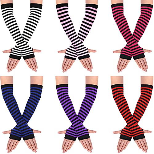 SATINIOR 6 Pairs Long Fingerless Gloves for Women Knit Thigh High Striped Arm Warmer Thumb Hole Stretchy Gloves - Bright Color